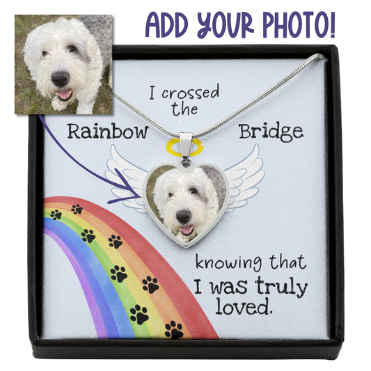 Rainbow Bridge Dog Photo Necklace | Loss of Dog Memorial Heart Pendant