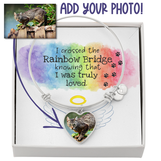 Rainbow Bridge Cat Photo Bangle | Loss of Cat Memorial Heart Pendant Bracelet